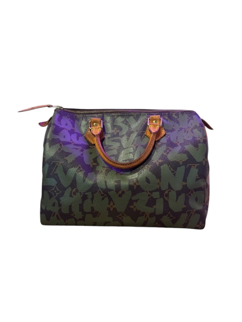 Posh Purse Co Louis Vuitton Graffiti Stephen Sprouse Speedy bag in brown coated canvas with green graffiti overlay and natural leather handles.
