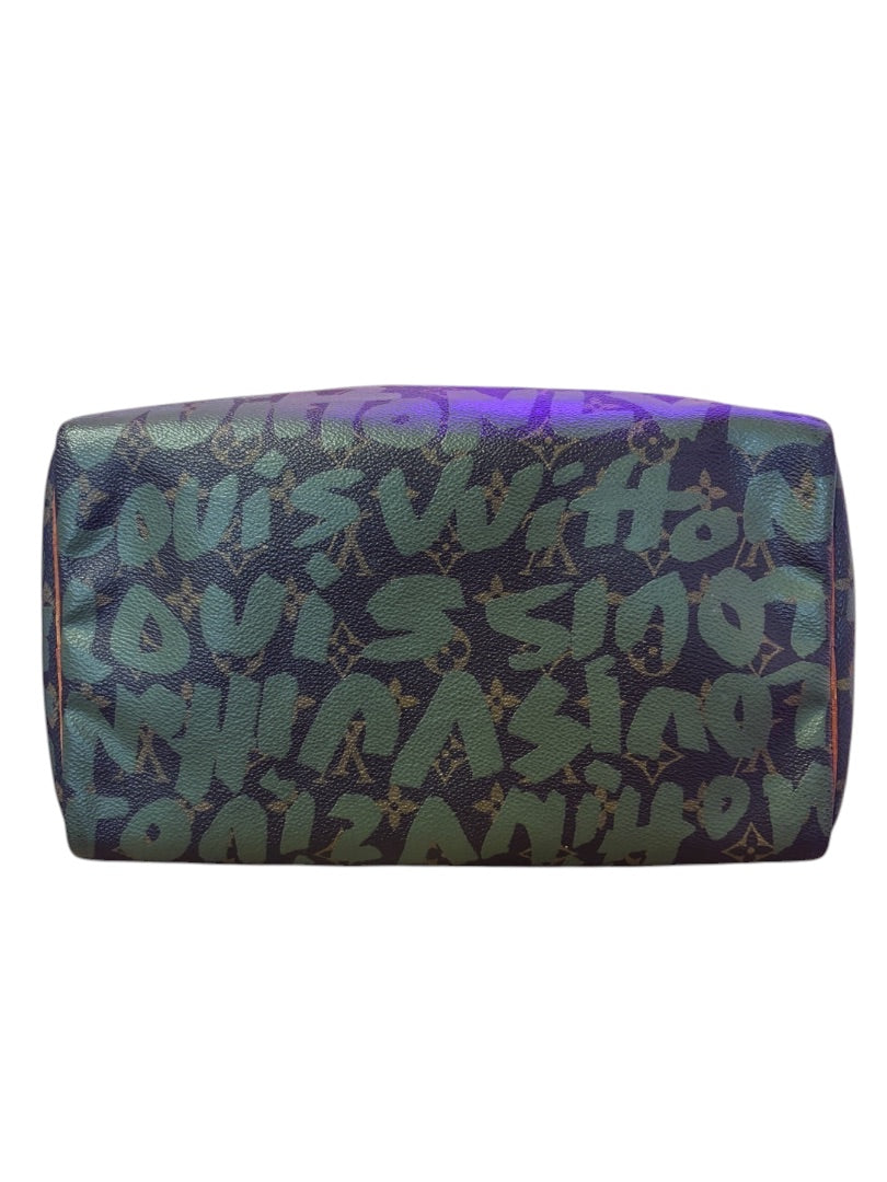 Posh Purse Co Louis Vuitton Graffiti Stephen Sprouse Speedy bag in monogram canvas with green graffiti overlay.
