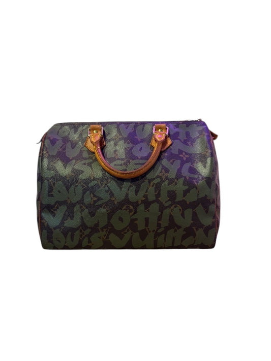 Posh Purse Co Louis Vuitton Graffiti Stephen Sprouse Speedy bag in brown coated canvas with green graffiti overlay and natural cowhide trim.