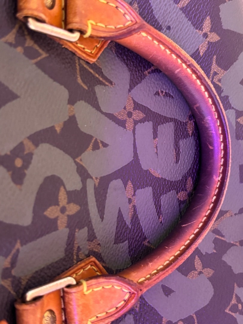 Posh Purse Co Louis Vuitton Graffiti Speedy bag with monogram canvas and leather handles. Features bold graffiti overlay.