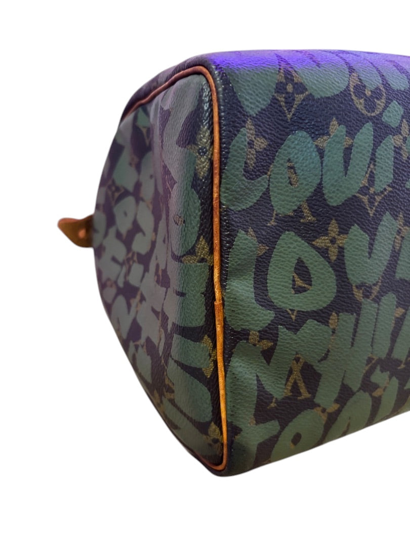 Posh Purse Co Louis Vuitton Graffiti Stephen Sprouse Speedy bag in brown coated canvas with green graffiti overlay and tan leather trim.
