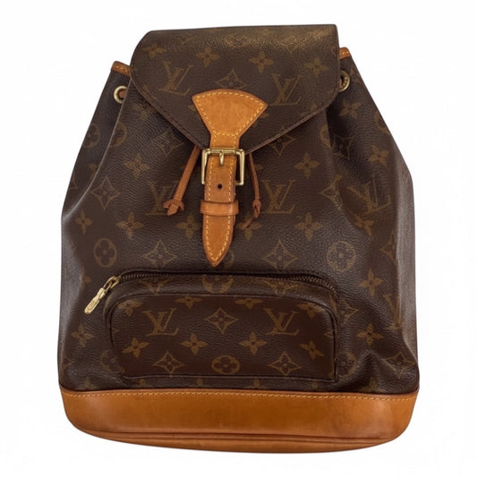 Posh Purse Co. Louis Vuitton Monogram bucket backpack with vachetta leather trim, drawstring closure, and exterior zip pocket.