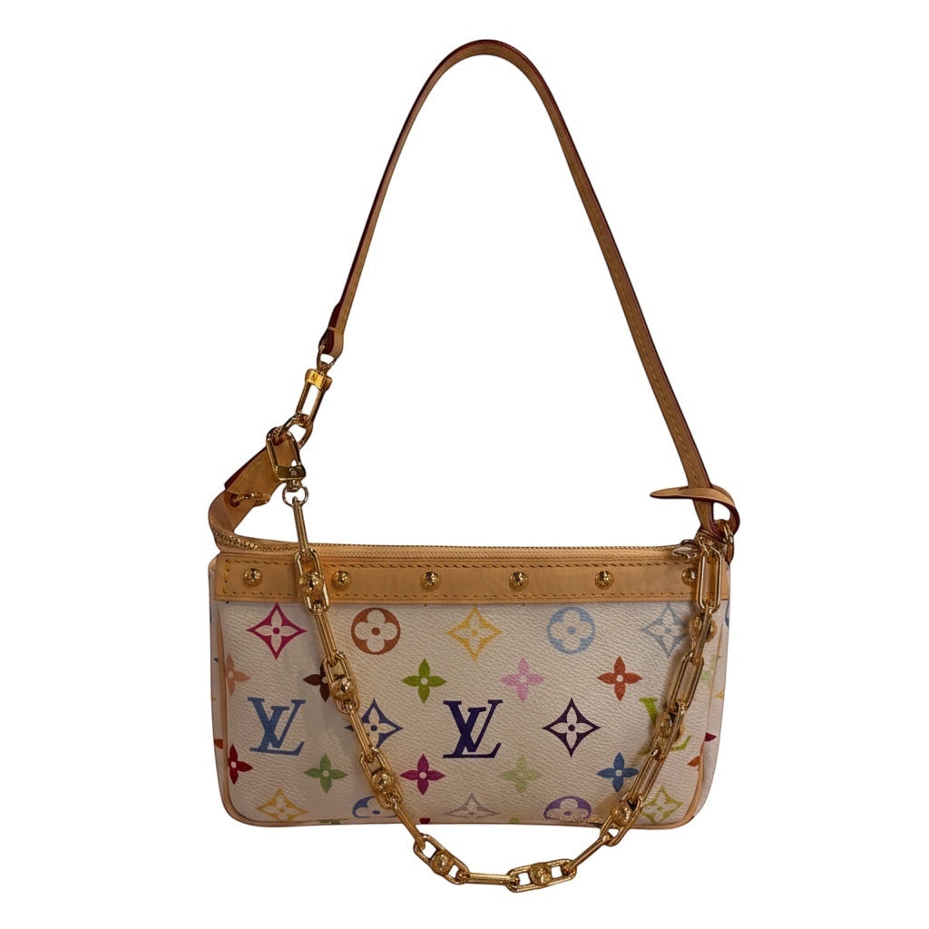 Posh Purse Co Louis Vuitton x Takashi Murakami Multicolor Pochette Accessories with vachetta leather trim and gold hardware.