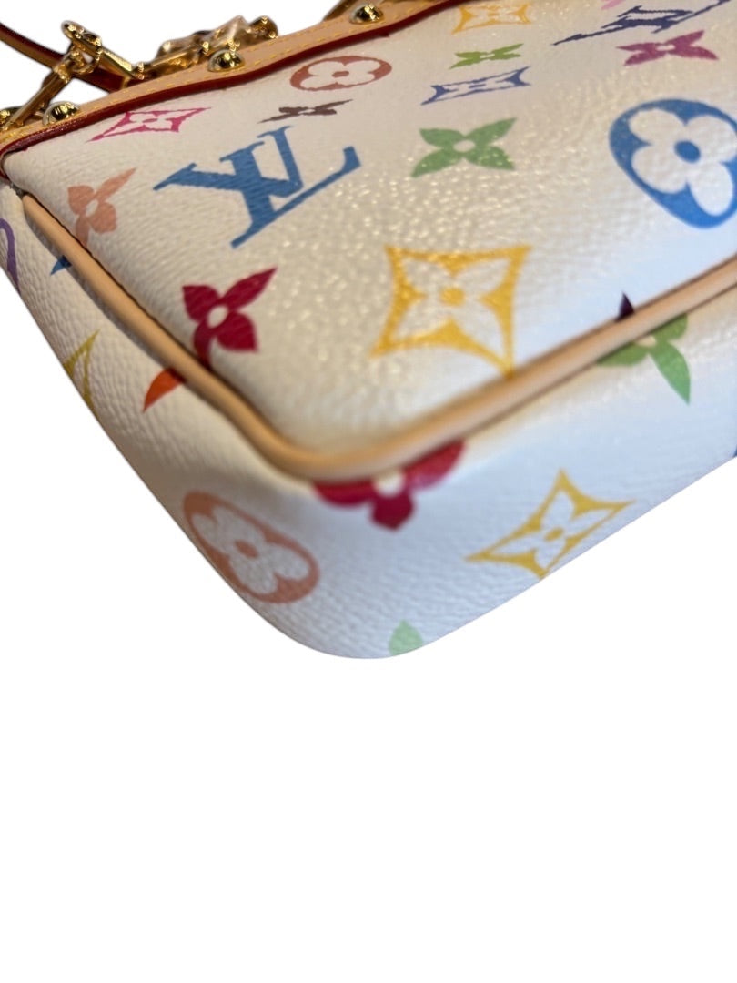 Posh Purse Co Louis Vuitton x Takashi Murakami Multicolor Pochette Accessories, white coated canvas with multicolor monogram and vachetta leather trim.