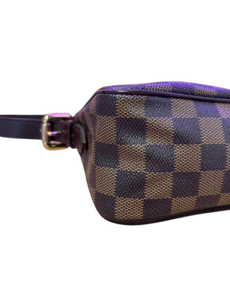 Posh Purse Co. Louis Vuitton Damier Ebene canvas handbag with chocolate brown leather trim and gold buckle detail.