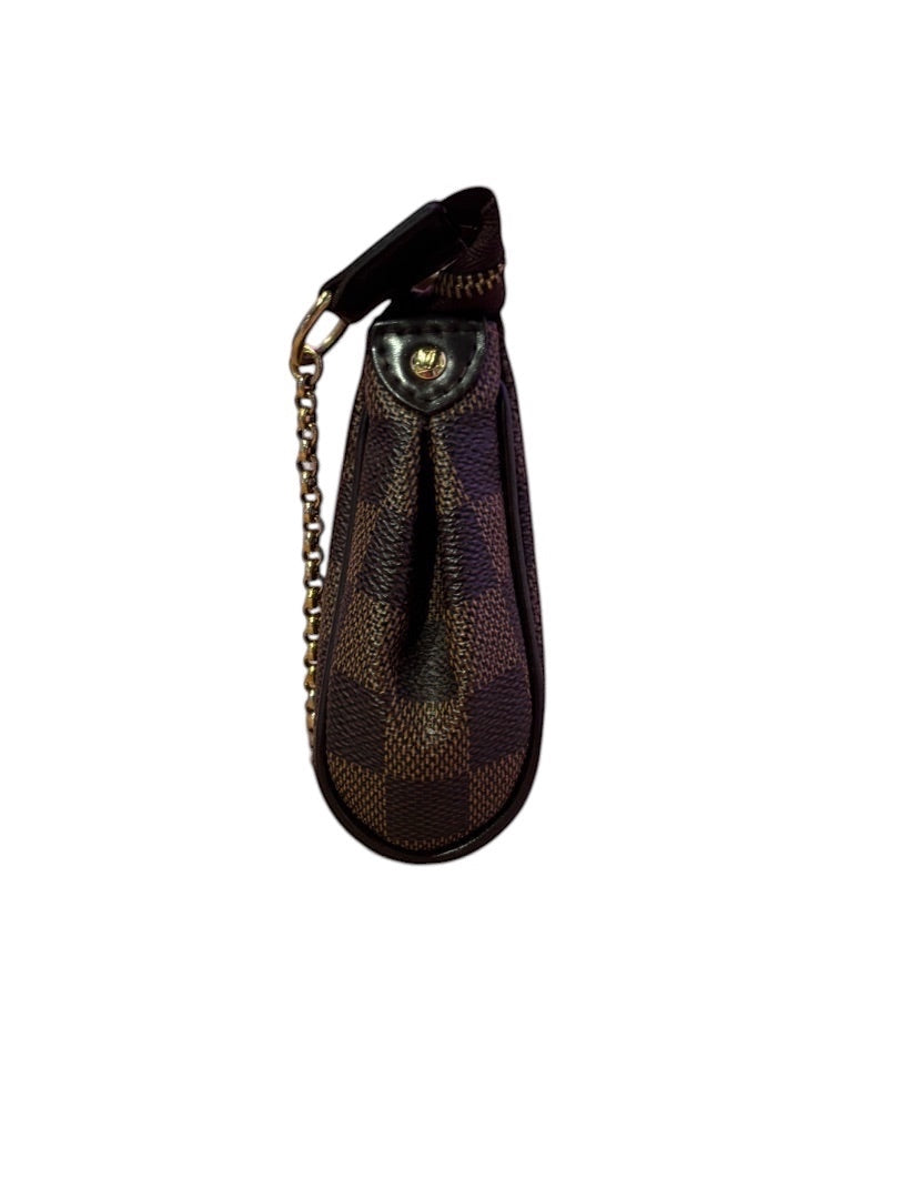 Posh Purse Co. Louis Vuitton Eva Clutch in Damier Ebene coated canvas with leather trim and gold-tone hardware.