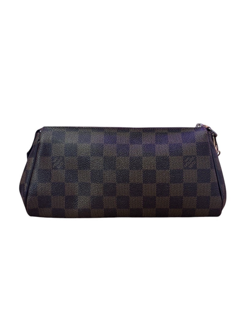 Posh Purse Co. Louis Vuitton Eva clutch in Damier Ebene coated canvas with leather trim and gold-tone hardware.