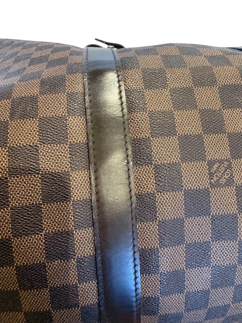 Posh Purse Co Louis Vuitton Damier Ebene Keepall 50 travel bag, brown checkered coated canvas with dark brown leather trim and gold-tone hardware.