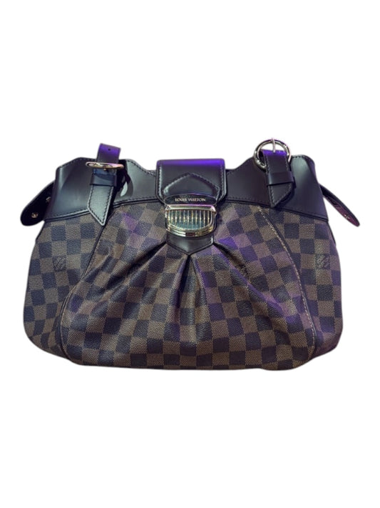 Posh Purse Co. Louis Vuitton Sistina handbag in Damier Ebene canvas with brown leather trim and gold hardware.