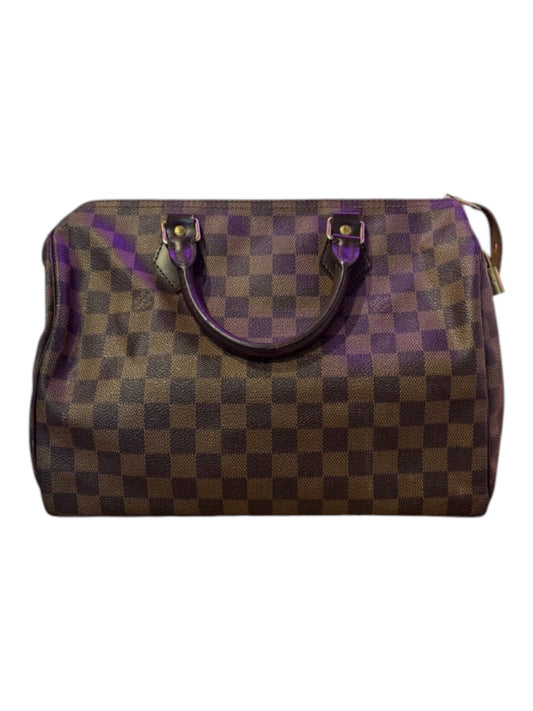Posh Purse Co. Louis Vuitton Speedy 30 Damier Ebene coated canvas handbag with rolled leather handles and gold-tone hardware.
