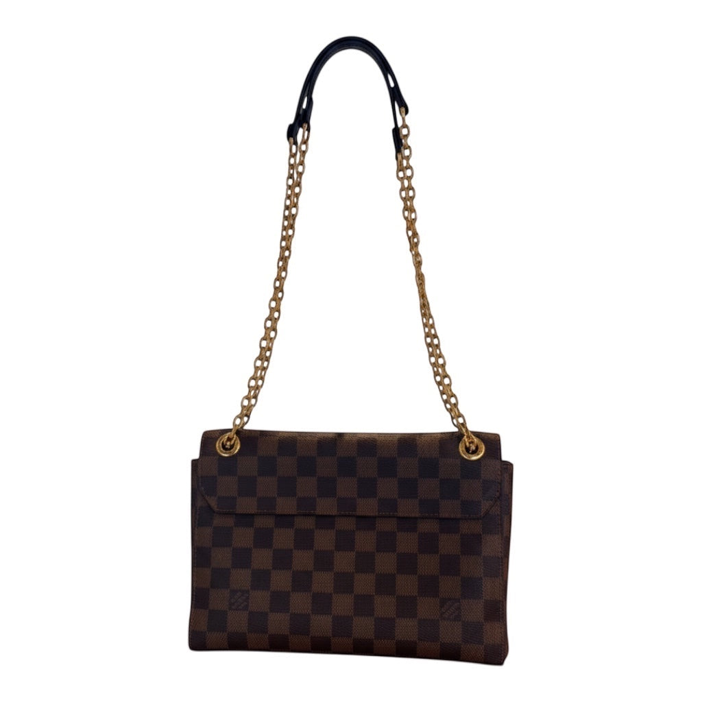 Posh Purse Co. Louis Vuitton Vavin bag in brown checkerboard canvas with gold chain strap and leather shoulder pad.