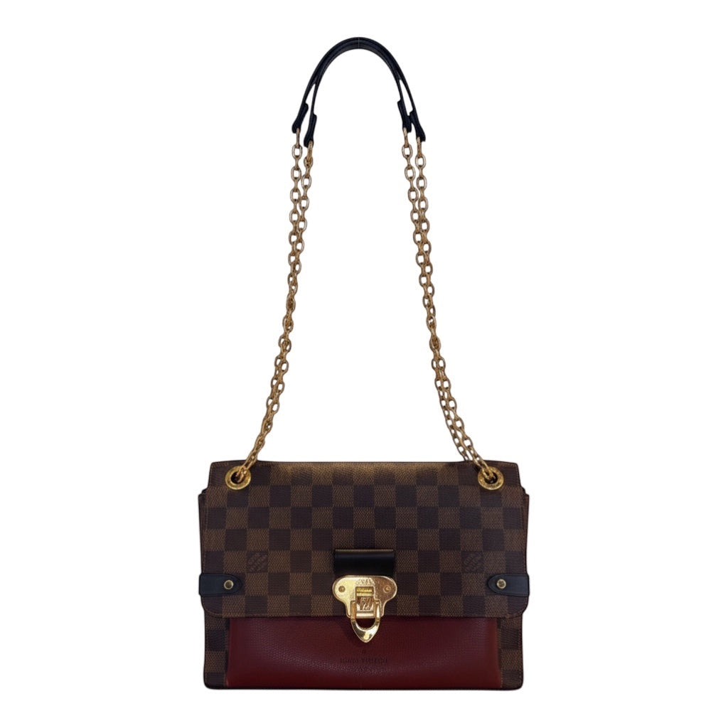 Posh Purse Co. Louis Vuitton Vavin bag in brown Monogram Canvas with burgundy leather trim and gold chain strap.