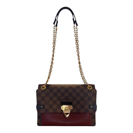 Posh Purse Co. Louis Vuitton Vavin bag in brown Monogram Canvas with burgundy leather trim and gold chain strap.