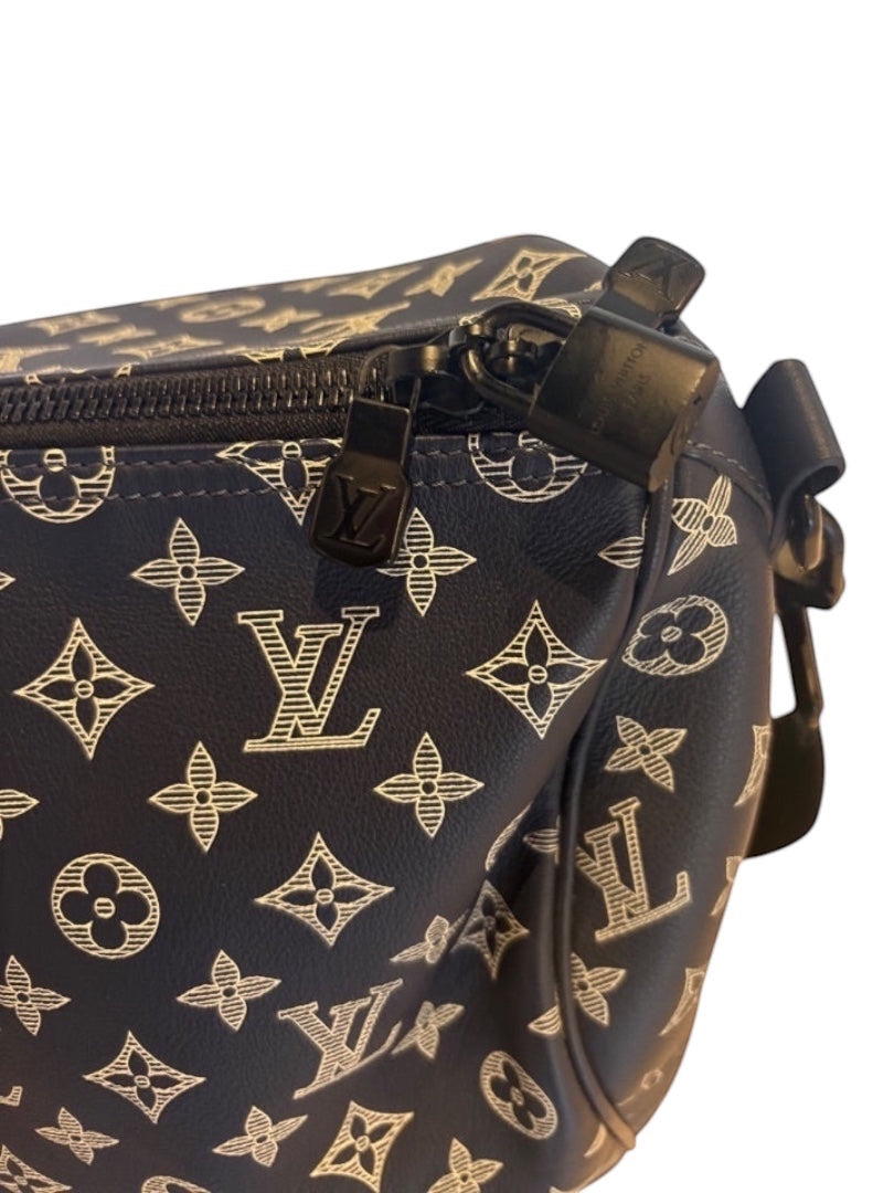 Posh Purse Co navy Louis Vuitton Monogram Shadow calfskin leather Keepall 50 travel bag with embossed pattern and black hardware.