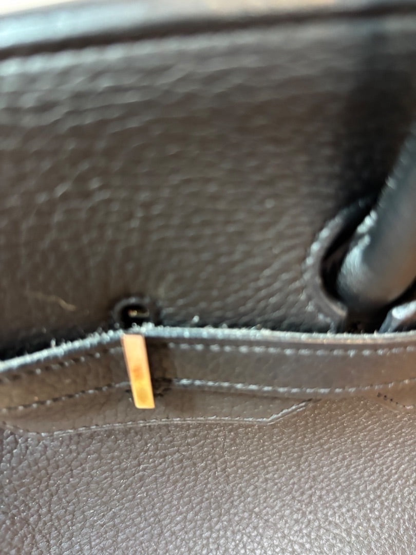 Posh Purse Co Noir Hermes Birkin 35 Togo leather bag interior detail with palladium hardware.