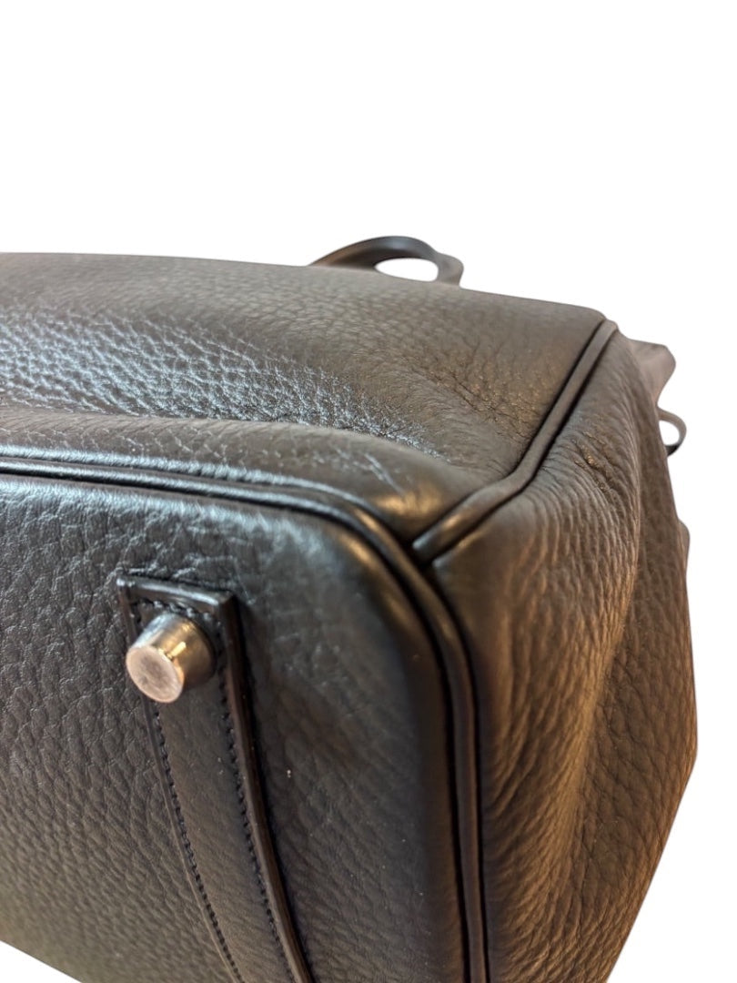 Posh Purse Co Noir Hermes Birkin 35 Togo leather handbag with palladium hardware and pebbled texture.