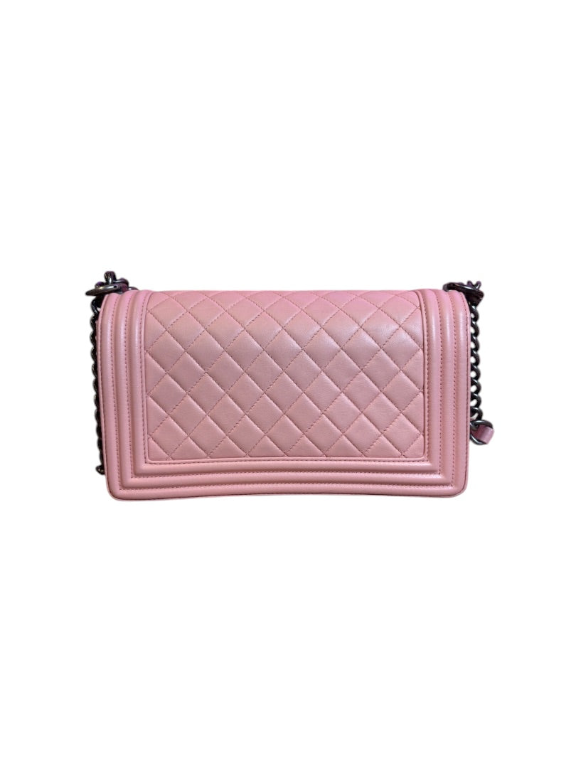 Posh Purse Co. medium pink quilted leather Chanel Boy Bag with antique-style hardware and chain strap.