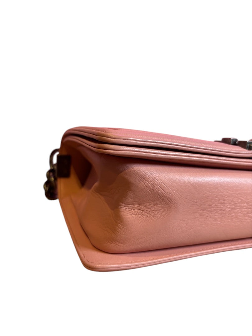 Posh Purse Co. medium pink leather Chanel Boy Bag with antique-style hardware and chain strap.
