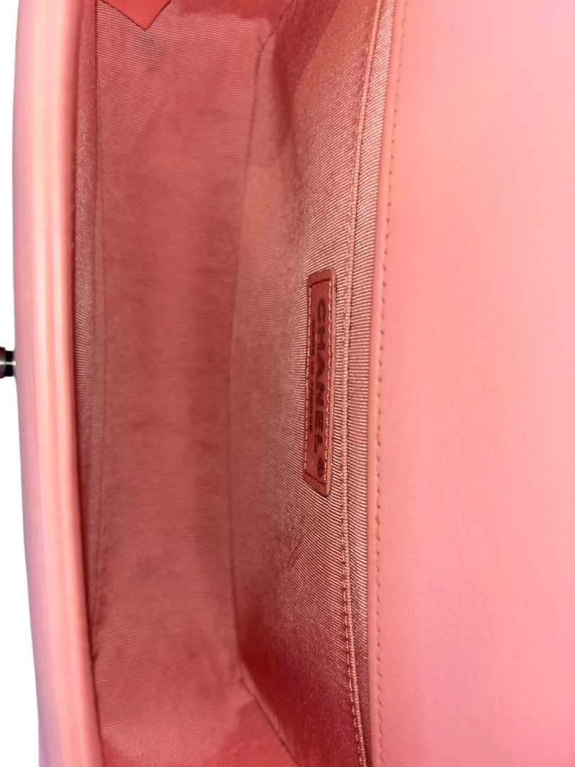Posh Purse Co. Pink Chanel Boy Bag, medium size, crafted from leather with signature hardware and chain strap.