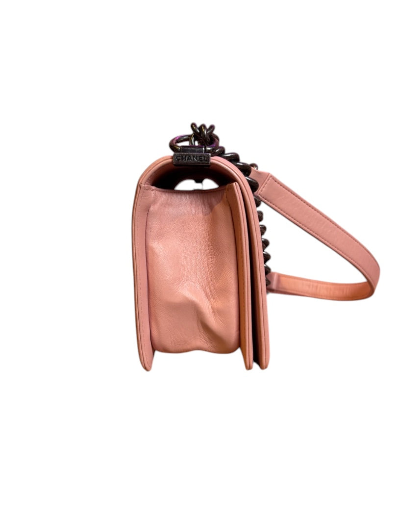 Posh Purse Co. pink leather Chanel Boy Bag, medium size, with antique-style hardware and chain strap.