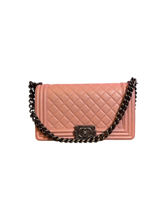 Posh Purse Co. Pink Chanel Boy Bag, medium size, quilted leather with antique-style hardware and chain strap.