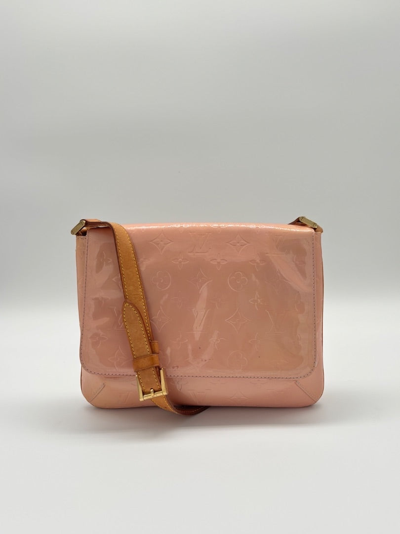 Posh Purse Co Louis Vuitton Vernis Thompson shoulder bag in pink patent leather with monogram embossing and tan leather strap.