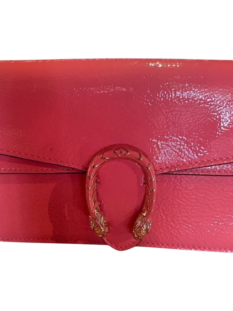 Posh Purse Co. pink patent leather Gucci Mini Dionysus crossbody bag with antique silver tiger head closure.