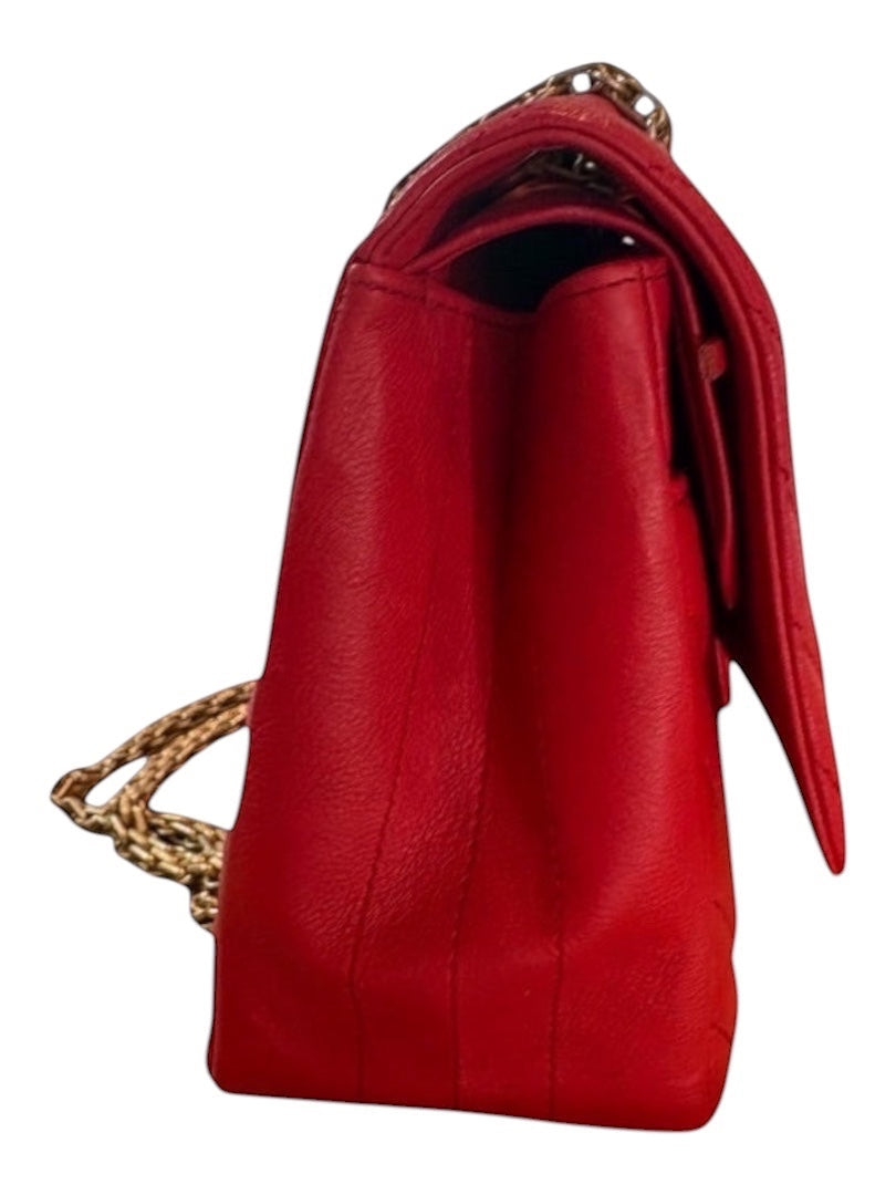 Posh Purse Co. red chevron quilted leather Chanel 2.55 Reissue double flap bag with antiqued silver chain strap.