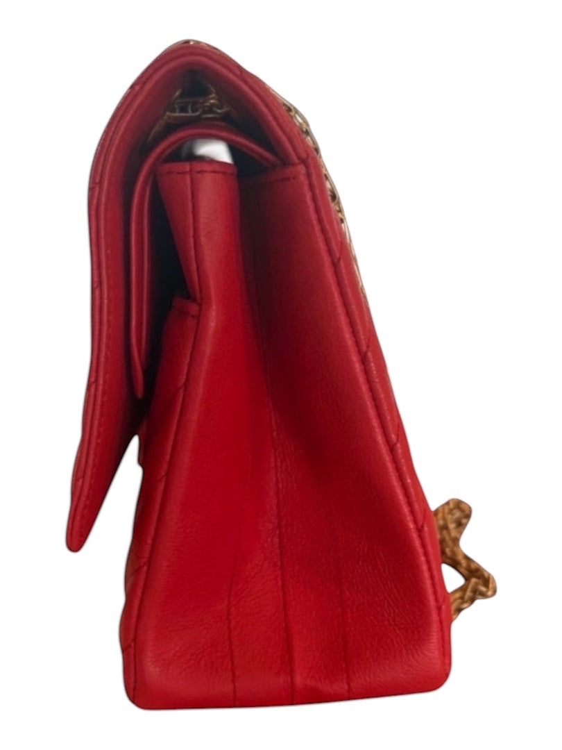 Posh Purse Co. red chevron quilted leather Chanel 2.55 Reissue double flap bag with antiqued silver chain strap.
