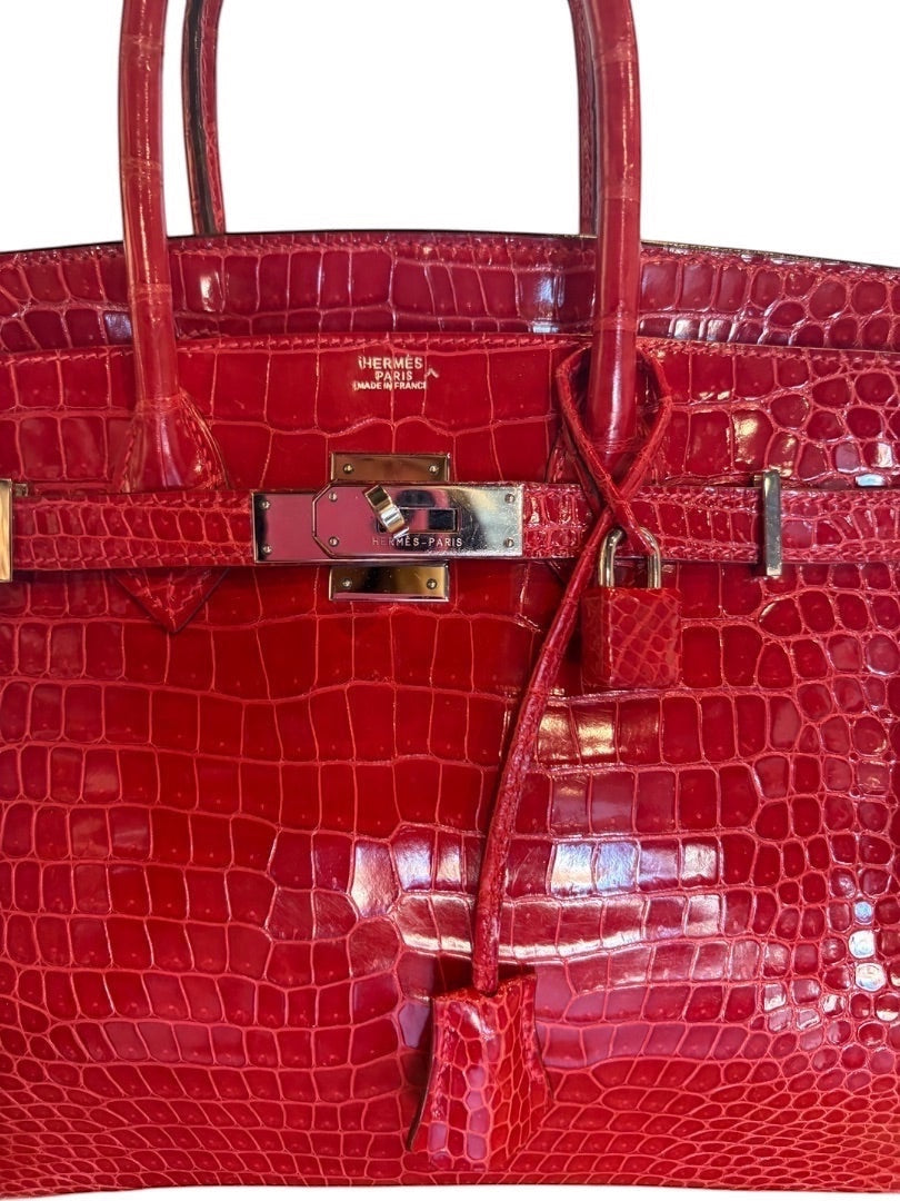 Posh Purse Co rare red crocodile Birkin 30 handbag with palladium hardware and top handle.