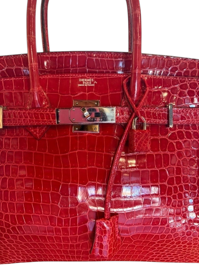 Posh Purse Co rare red crocodile Birkin 30 handbag with palladium hardware and top handle.