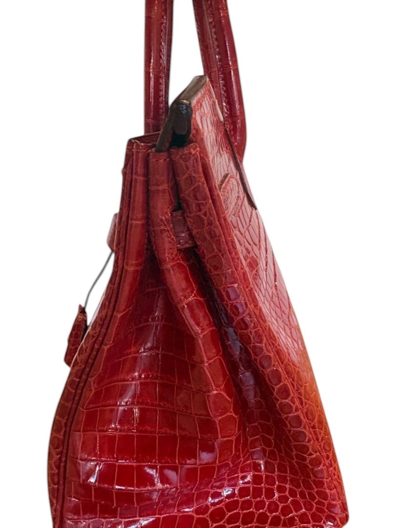Posh Purse Co red crocodile leather Birkin 30 handbag with palladium hardware, top handle carry.