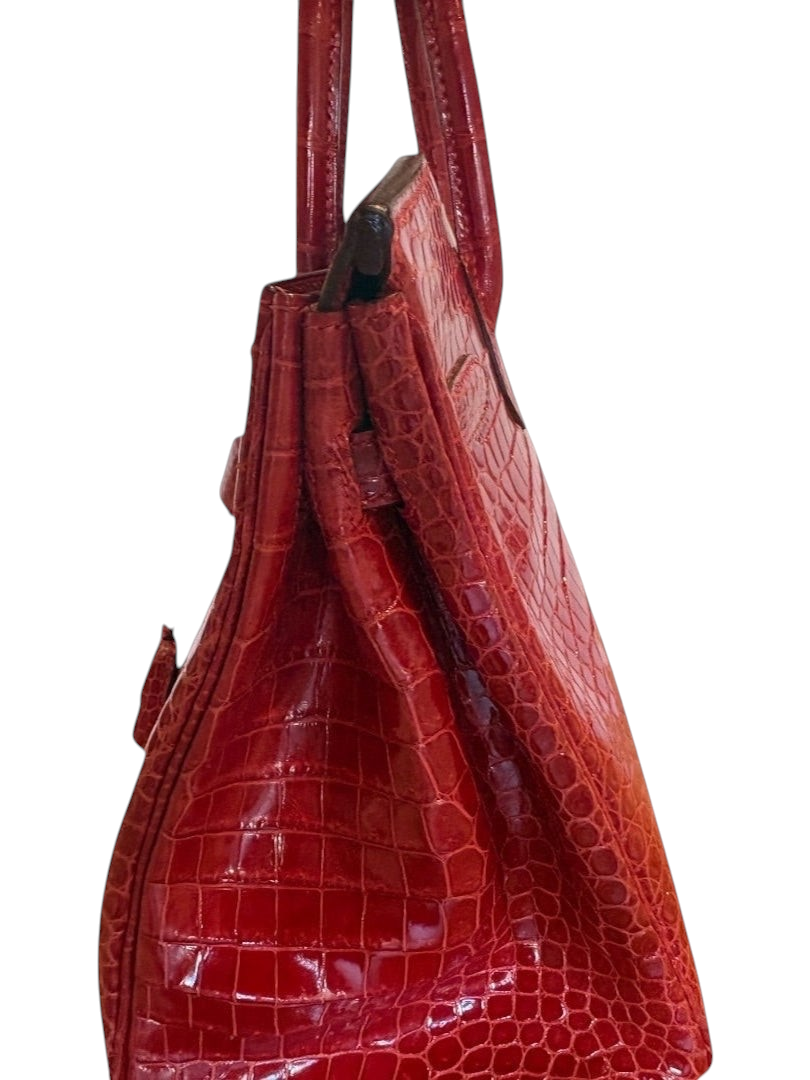 Posh Purse Co red crocodile leather Birkin 30 handbag with palladium hardware, top handle carry.