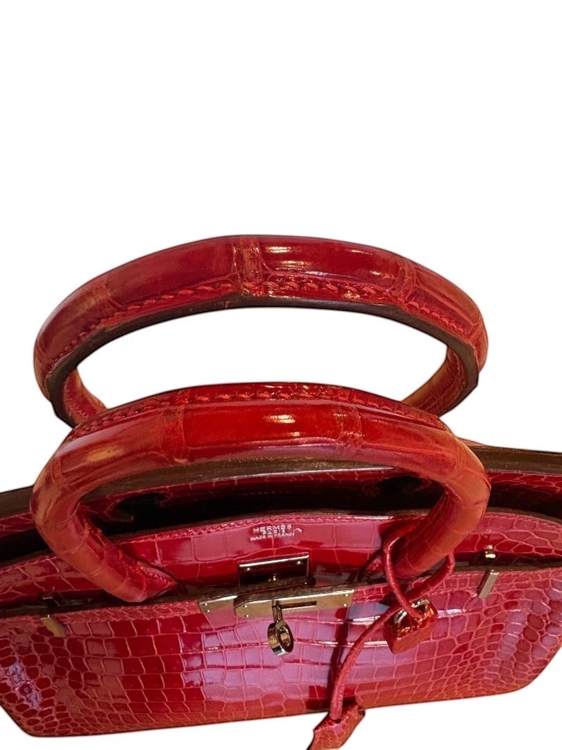 Posh Purse Co red crocodile Birkin 30 handbag with palladium hardware and top handles. Braise color.