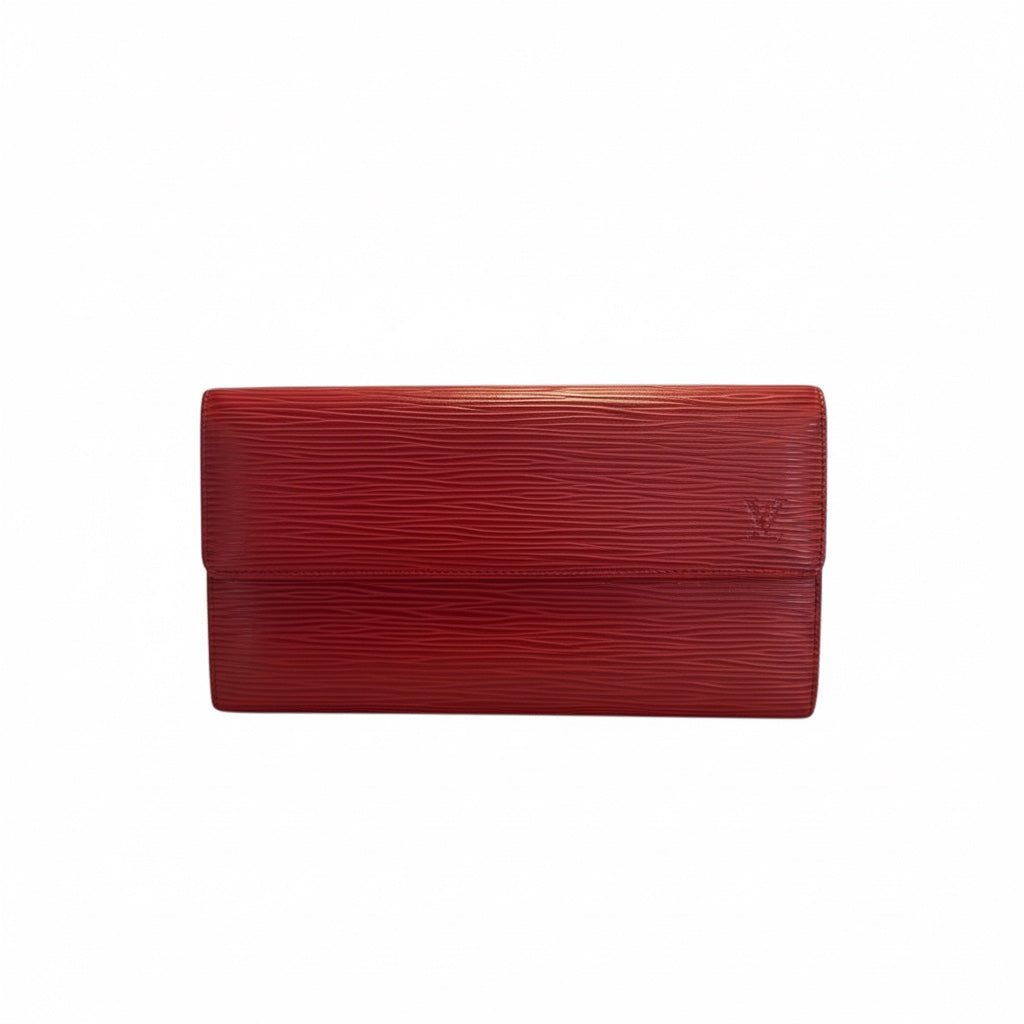 Posh Purse Co red Louis Vuitton Epi leather wallet with textured finish and multiple compartments.