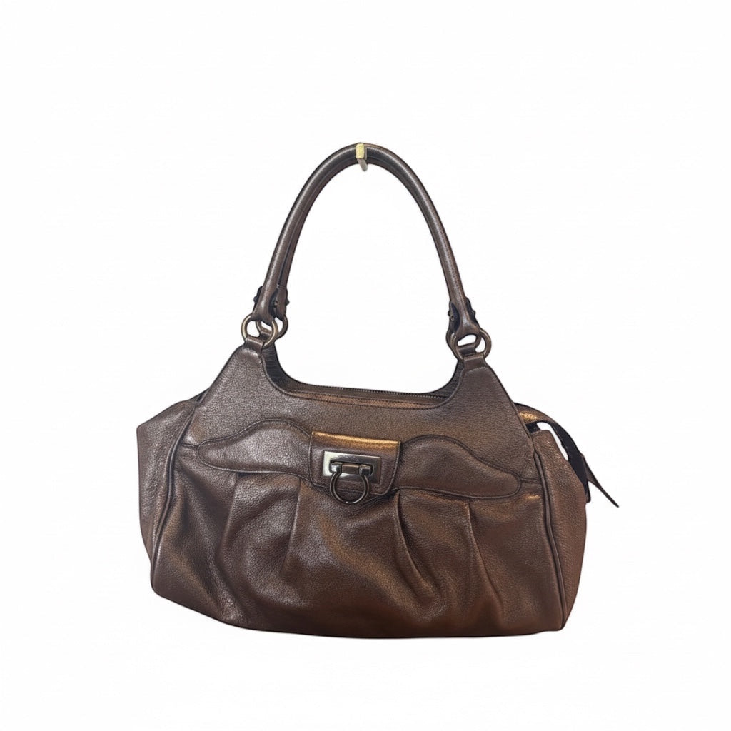 Posh Purse Co pre-loved metallic bronze leather Salvatore Ferragamo Mancini shoulder bag with Gancini hardware.