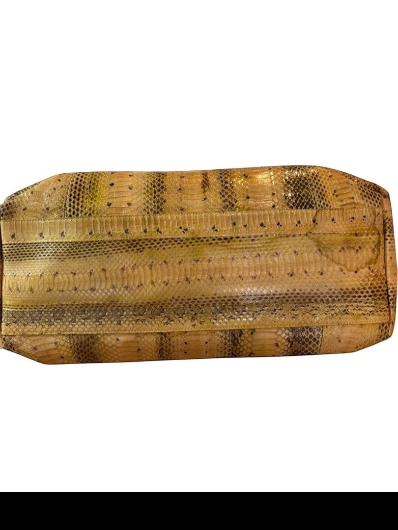 Posh Purse Co. Salvatore Ferragamo Marisa python shoulder bag in tan and black with gold hardware.