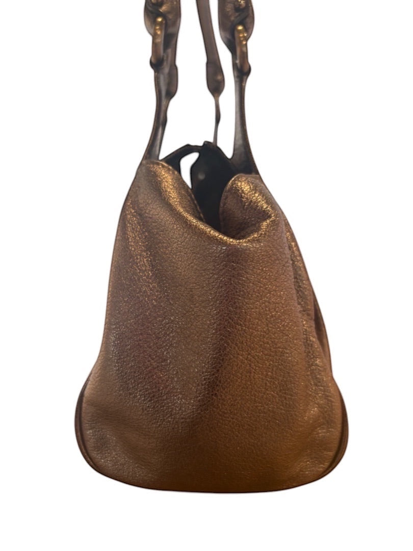 Posh Purse Co pre-loved metallic silver leather Salvatore Ferragamo Mancini shoulder bag with Gancini hardware.