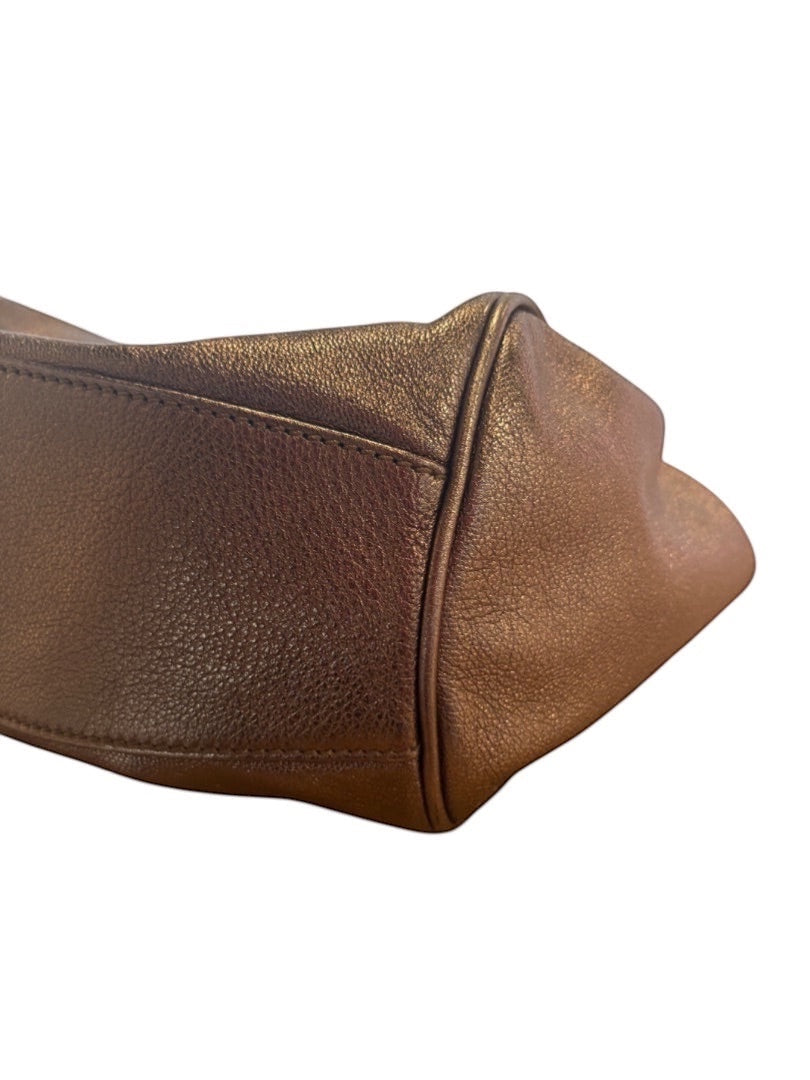 Posh Purse Co - Metallic silver leather Salvatore Ferragamo Mancini shoulder bag with Gancini hardware.