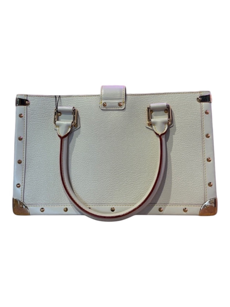 Posh Purse Co white Louis Vuitton Suhali Le Fabuleux structured goatskin leather handbag with gold-tone hardware and rolled handles.